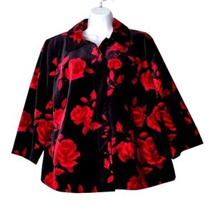 Talbots Red Rose Velvet Jacket 16WP Soft Goth Floral Romantic Dark Academia